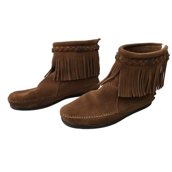Minnetonka Ankle Boots 8 Brown Suede Leather Fringe High Top Back Zip Booties - Picture 3 of 10